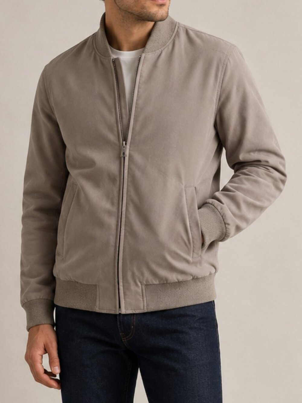 Roundtree & Yorke Men's Microfiber Bomber Jacket Tan Beige Full Zip Size M
